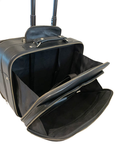 LEATHER TROLLEY CASE / WHEELED LAPTOP TRAVEL BUSINESS BAG IN BLACK