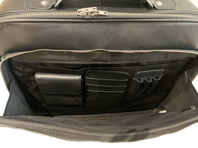 LEATHER TROLLEY CASE / WHEELED LAPTOP TRAVEL BUSINESS BAG IN BLACK