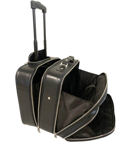 LEATHER TROLLEY CASE / WHEELED LAPTOP TRAVEL BUSINESS BAG IN BLACK