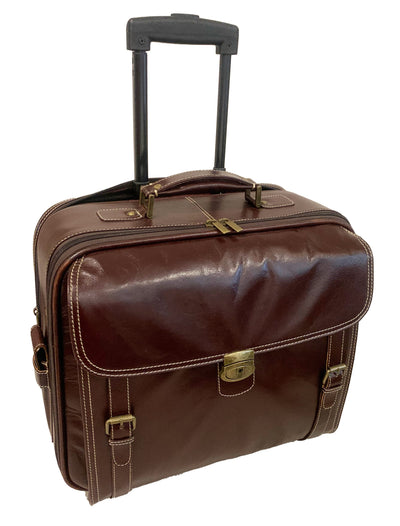 LEATHER TROLLEY CASE / WHEELED LAPTOP BUSINESS BAG IN BROWN